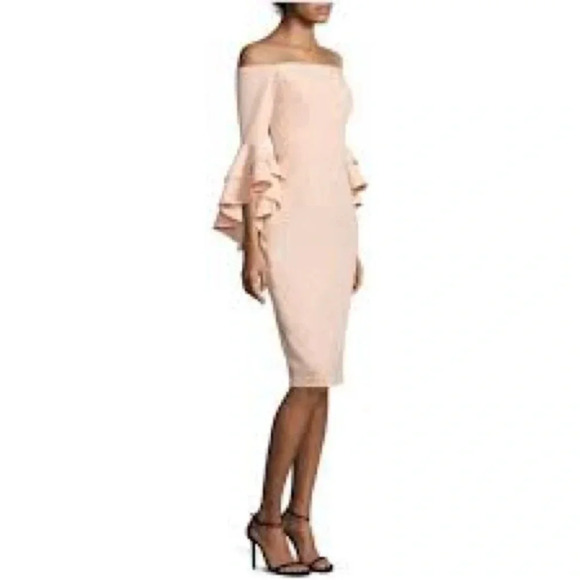 MILLY Selena Peach Italian Cady Off Shoulder Slit Side Sheath Dress Size 8 M NWT - Picture 2 of 13